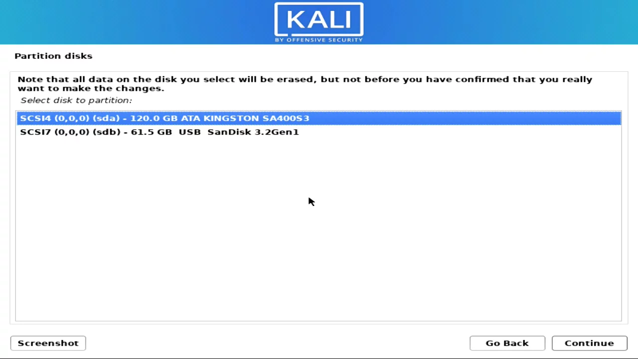 Select the Hard drive to install Kali linux