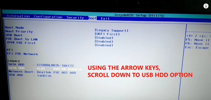 go to boot tab using arrow keys